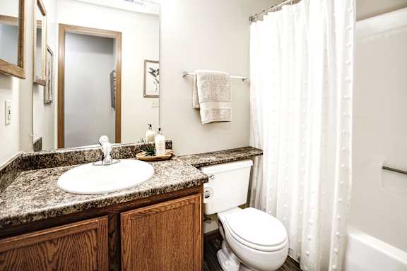 A bathroom with a sink, toilet, and a shower curtain. at The Pointe, LaVista, NE