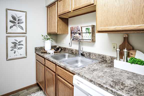 A kitchen with a sink and a white dishwasher. at The Pointe, LaVista, NE