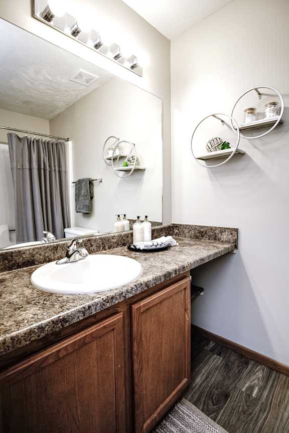 A bathroom with a sink and a mirror. at The Pointe, LaVista