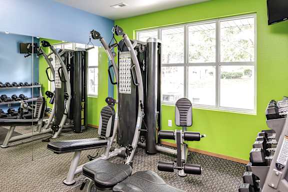 A gym with a variety of equipment including treadmills, weights, and exercise machines. at The Pointe, LaVista, NE