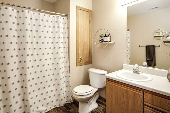 A white toilet sits next to a sink in a bathroom. at Tranquility Pointe, Omaha, 68164