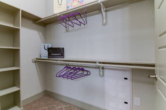 A white closet with a purple hanger.