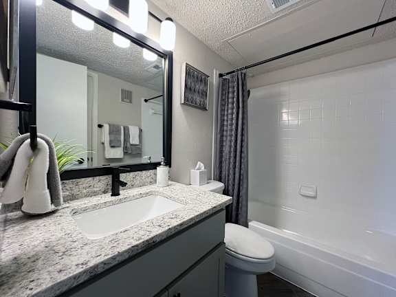 Bathroom with granite countertop and framed mirror at Ashwood Park Apartments, Dallas, TX 75252