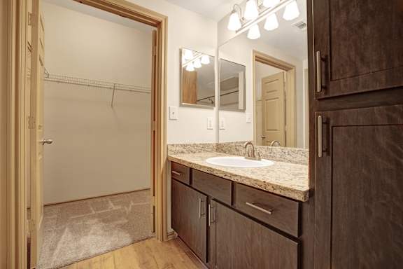 A bathroom with a sink, mirror, and wooden cabinets.