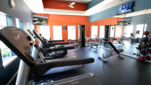A gym with treadmills and other exercise equipment.
