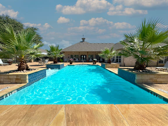Rectangular pool with raised stone planters and palm trees at Riviera Apartments, Waco