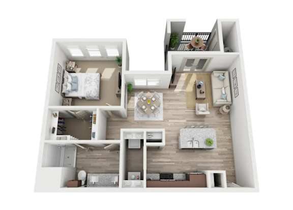 A 3D floor plan of a house with a kitchen, living room, and bedrooms.