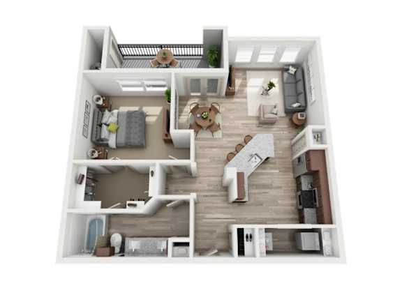 A top-down view of a small apartment with a kitchen, living room, and bedroom.