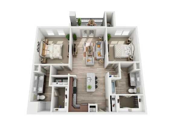 A 3D floor plan of a house with a living room, kitchen, dining room, and two bedrooms.
