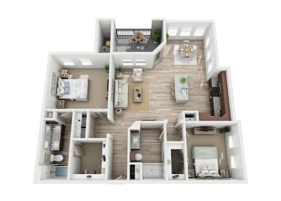 A 3D floor plan of a house with multiple rooms and furniture.