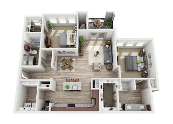 A top-down view of a modern apartment layout with a central open space.