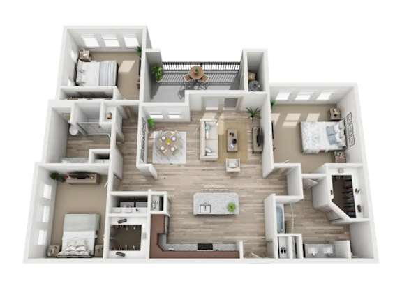 A 3D floor plan of a house with multiple rooms and furniture.