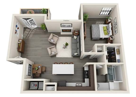 A 3D floor plan of a small apartment with a kitchen, living room, and bedroom.