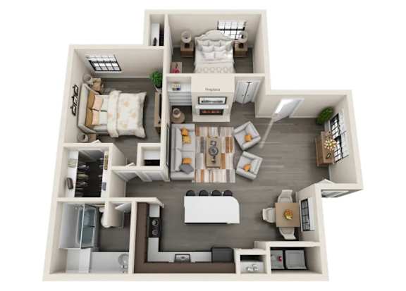 A top-down view of a small apartment layout with a kitchen, living room, and bedroom.