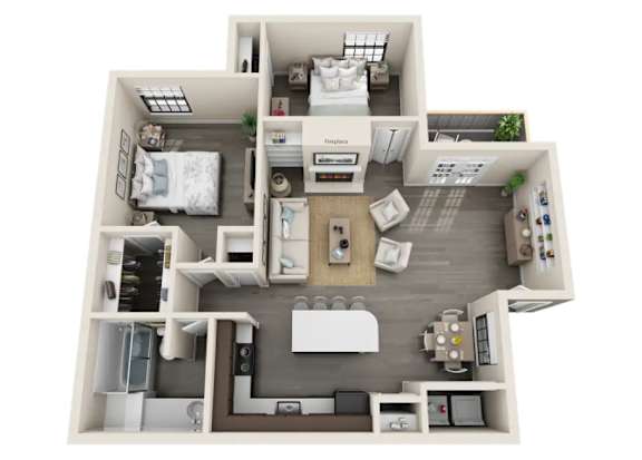 A 3D floor plan of a small apartment with a kitchen, living room, and two bedrooms.