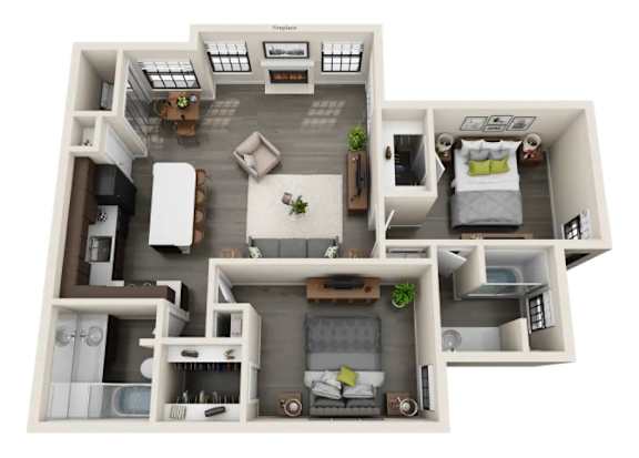 A 3D floor plan of a house with a living room, kitchen, and bedrooms.