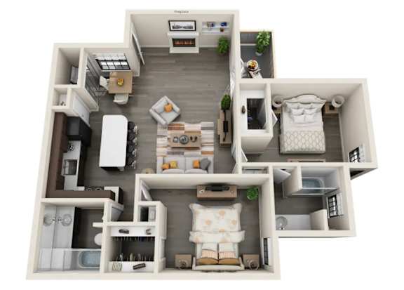 A 3D floor plan of a small apartment with a kitchen, living room, and bedroom.