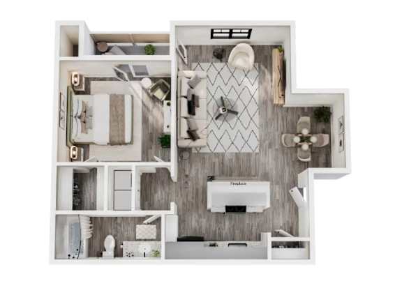 A floor plan of a small apartment with a kitchen, living room, and bathroom.