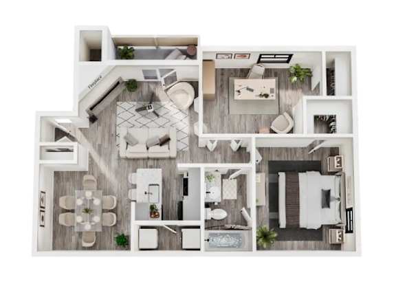 A top-down view of a modern apartment layout with a kitchen, living room, dining area, and bathroom.