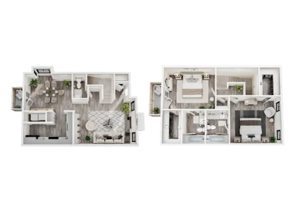 Two images of a house layout with a kitchen, living room, and bathroom.