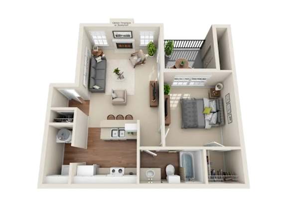 A 3D floor plan of a small apartment with a kitchen, living room, and bathroom.