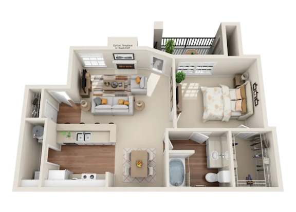 A 3D floor plan of a house with labeled rooms.
