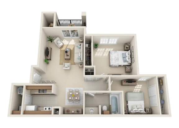 A 3D floor plan of a house with a kitchen, living room, and two bedrooms.