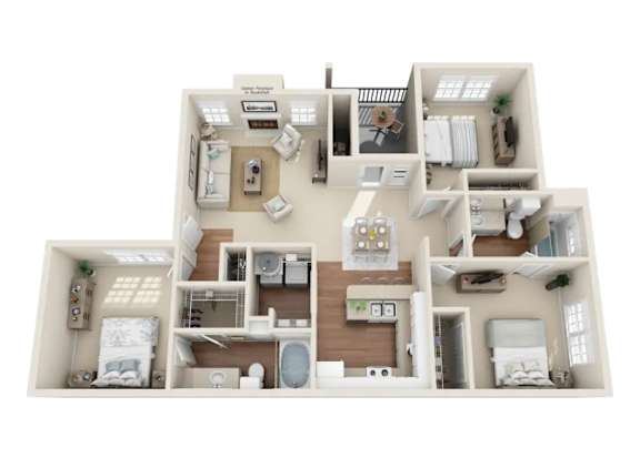 A 3D floor plan of a house with a kitchen, living room, and bathroom.