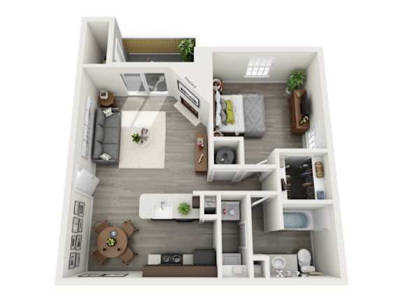 A top-down view of a small apartment with a kitchen, living room, and bedroom.