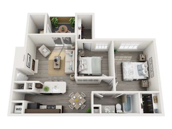 A floor plan of a small apartment with a kitchen, living room, and bedroom.