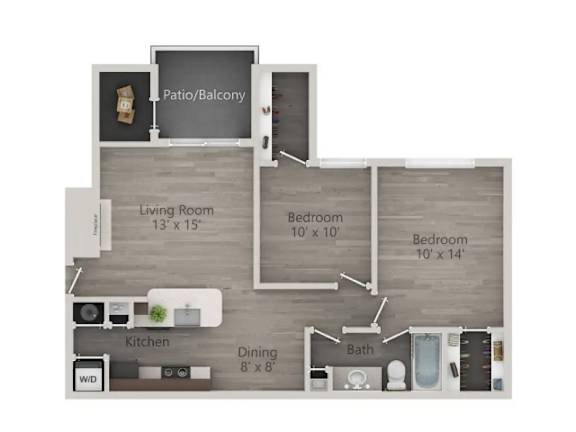 A floor plan of a home with a living room, two bedrooms, a kitchen, a dining area, and a bathroom.