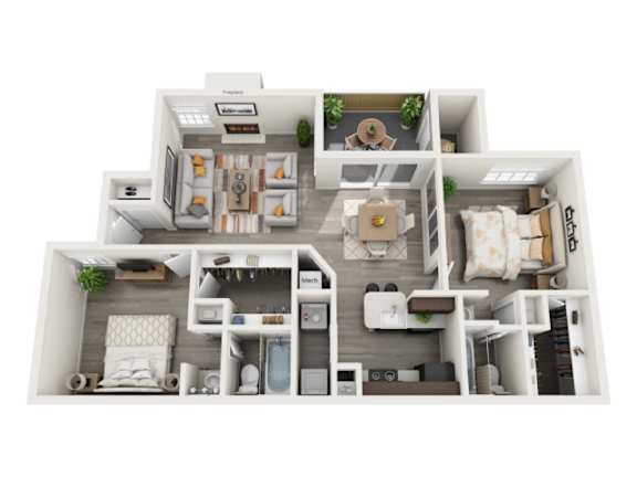 A 3D floor plan of a small apartment with a kitchen, living room, and bathroom.