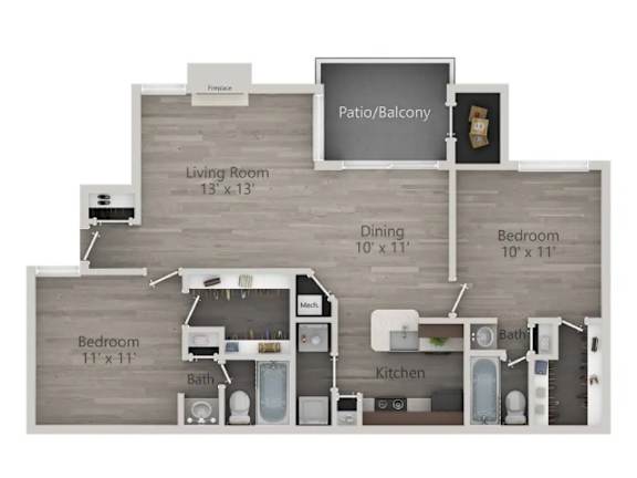 A floor plan of a home with a living room, dining room, kitchen, and three bedrooms.