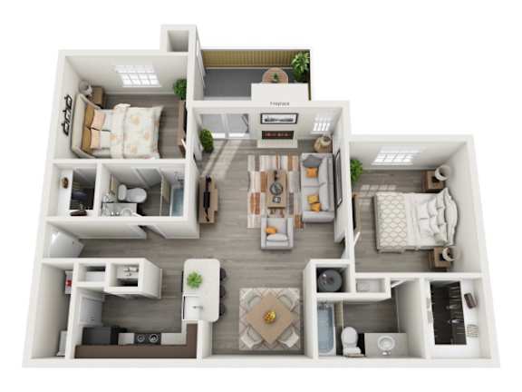 A 3D floor plan of a house with labeled rooms.