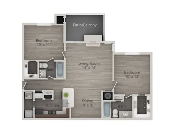 A floor plan of a home with a living room, kitchen, two bedrooms, and a bathroom.