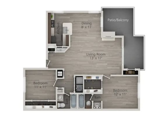 A floor plan of a house with a living room, two bedrooms, a dining area, and a patio.