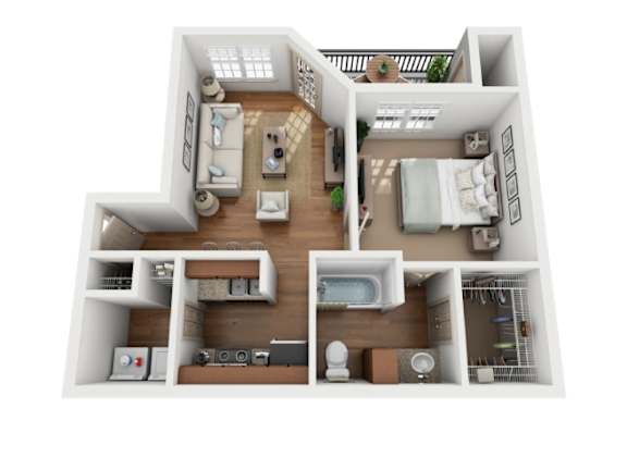 A 3D floor plan of a small apartment with a kitchen, living room, and bedroom.