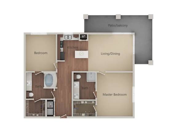 A floor plan of a house with a master bedroom, a living/dining area, a kitchen, a bathroom, and a patio/balcony.