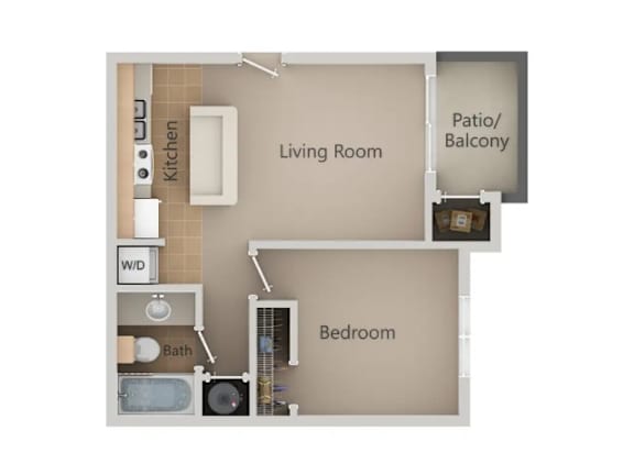 A floor plan of a small apartment with a living room, kitchen, bathroom, bedroom and patio.