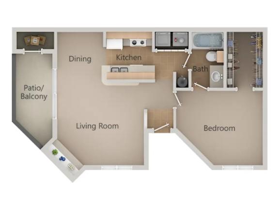A diagram of a house layout with a living room, dining room, kitchen, bathroom, and bedroom.