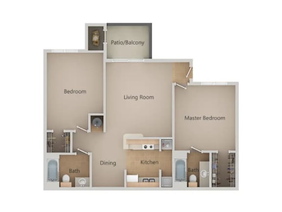 A diagram of a house layout with a living room, dining room, kitchen, two bedrooms, a bathroom, and a patio/balcony.