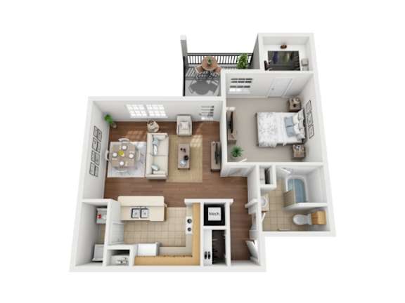 A 3D floor plan of a house with a kitchen, living room, and bedrooms.