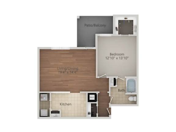 A floor plan of a small apartment with a living room, kitchen, and bathroom.