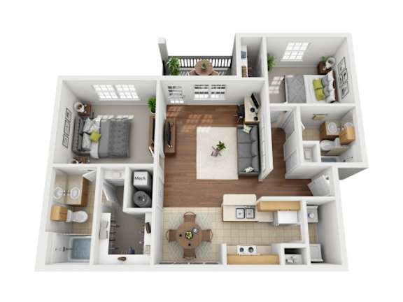 A 3D floor plan of a small apartment with a kitchen, living room, and two bedrooms.