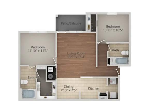 A floor plan of a small apartment with a living room, two bedrooms, a kitchen, a dining room, and a bathroom.