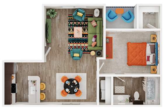 A top-down view of a room with a patterned rug, a couch, a coffee table, and a dining table.