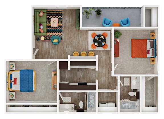 A top-down view of a small apartment with a bedroom, living room, and bathroom.