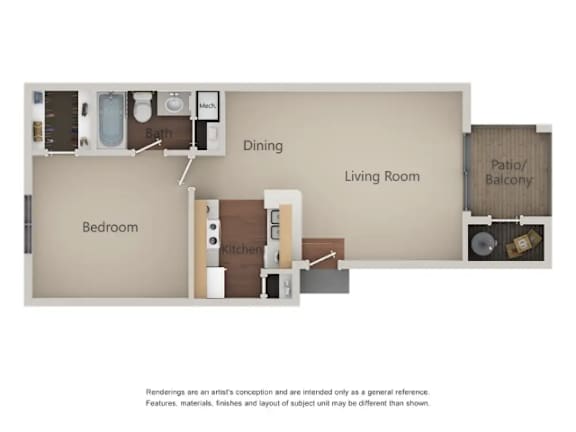 A diagram of a house layout with a bedroom, living room, dining area and patio.