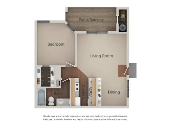 A floor plan of a living space with a bedroom, bathroom, kitchen, and dining area.