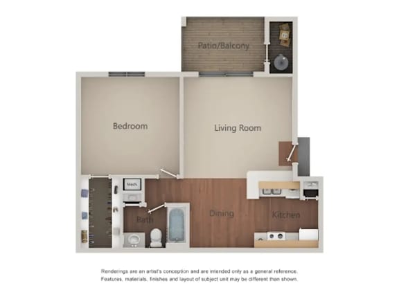 A floor plan of a small apartment with a bedroom, living room, kitchen, and bathroom.